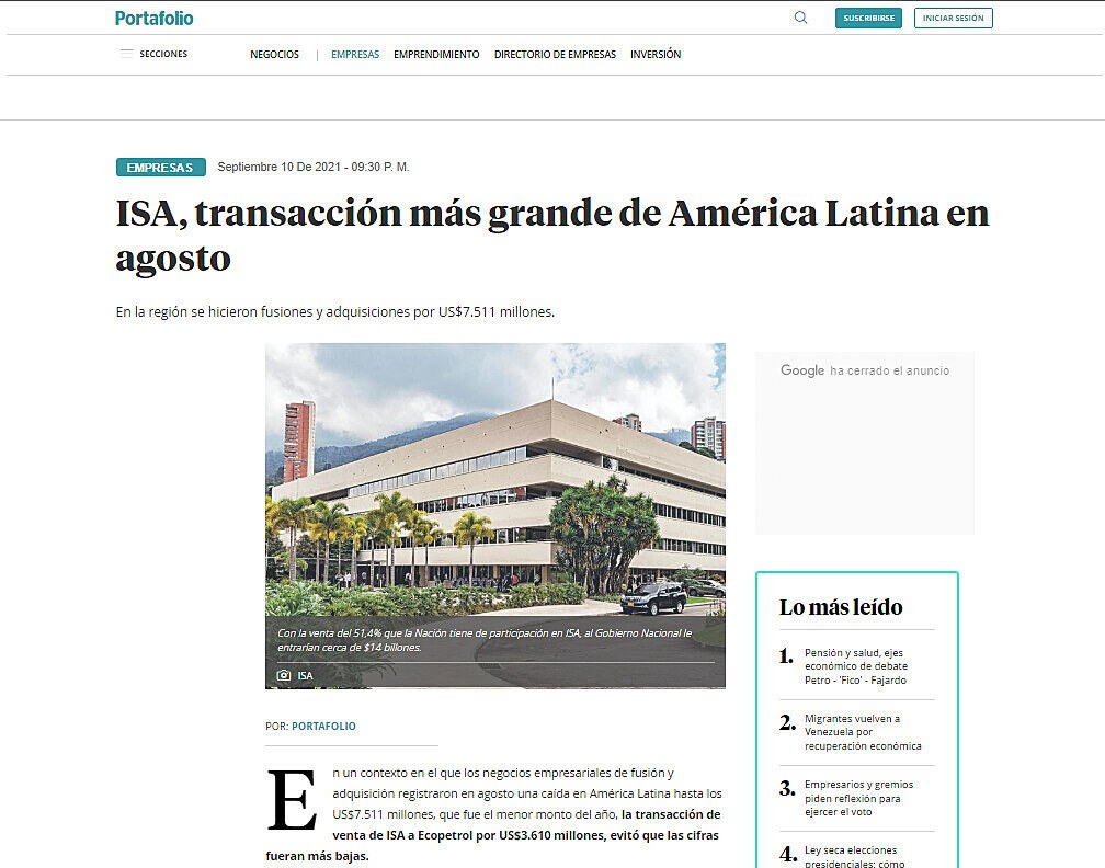 ISA, transaccin ms grande de Amrica Latina en agosto